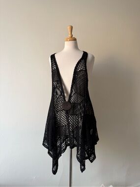 Black Crochet Boho Vest | Red Coral Collection | Open Knit Statement Layer